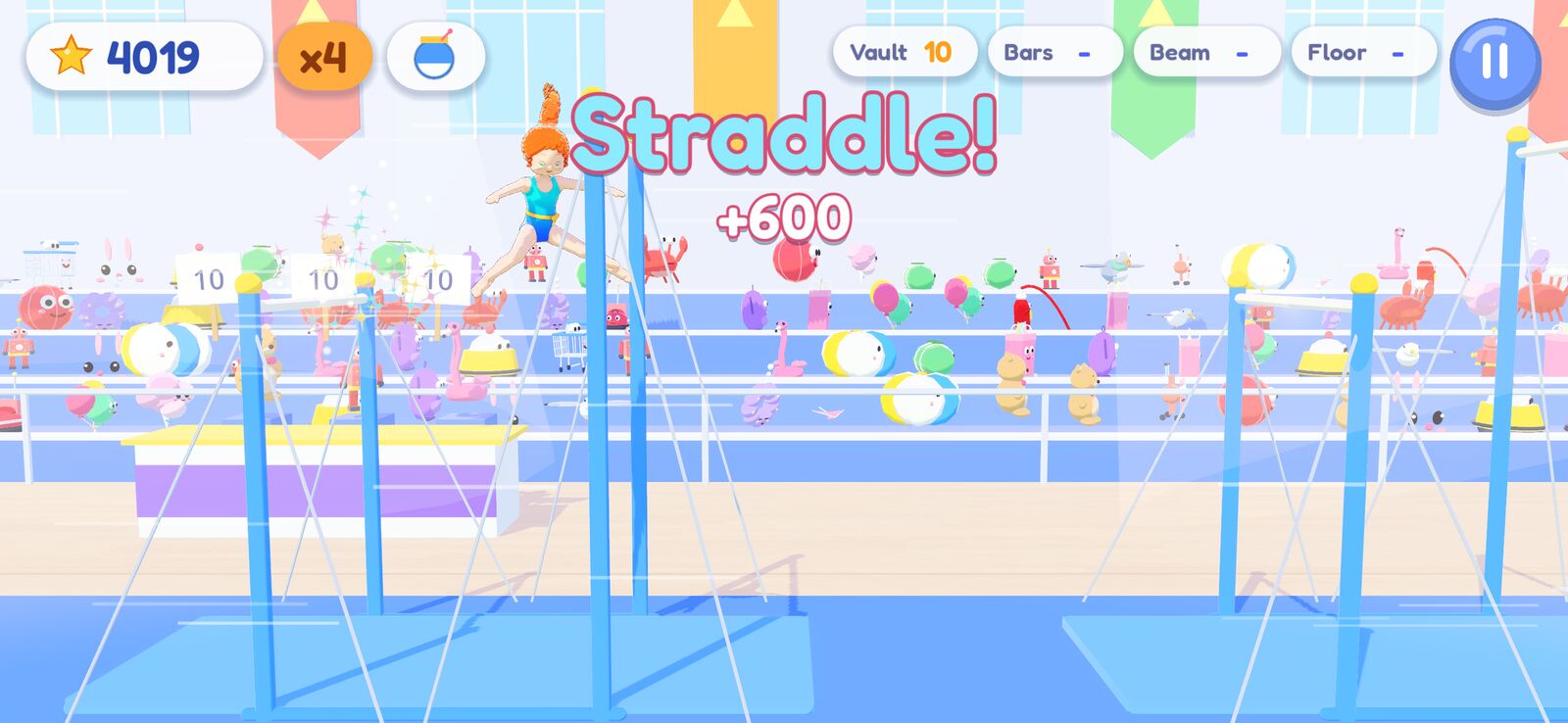 The Big Meet: a straddle on the uneven bars in front of the crowd