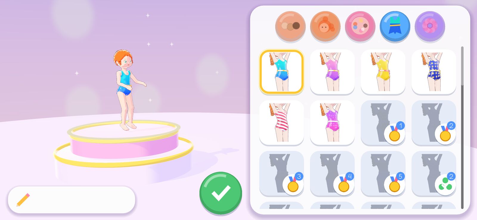 Create Your Gymnast: the gymnast on a podium with a grid of leotards to choose from
