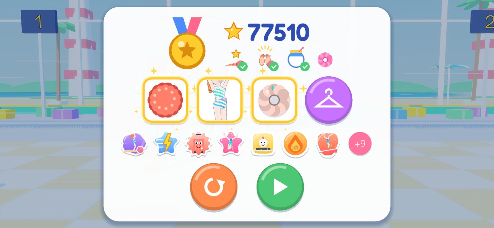 A gold medal results screen with new stickers and unlocks