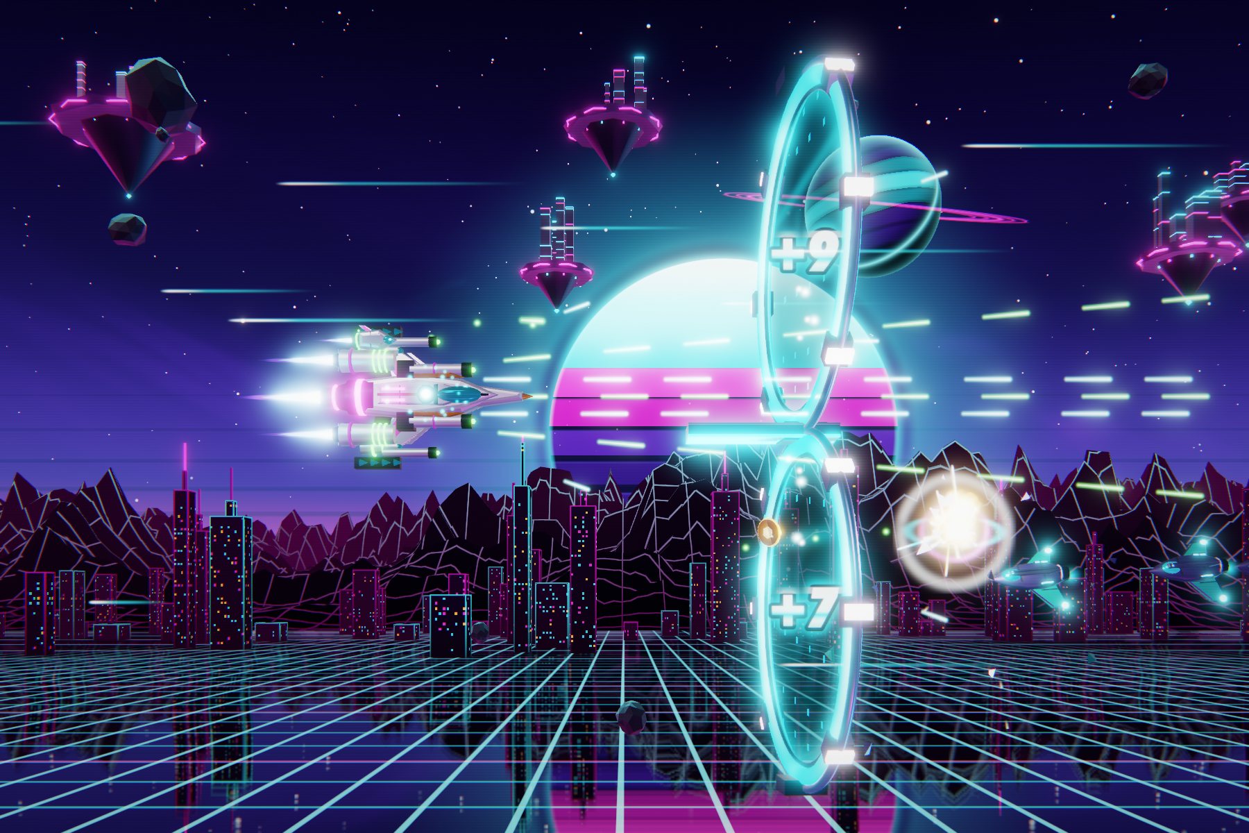 CHROMAFIRE gameplay in full color: a ship flies through glowing numbered gates over a neon city