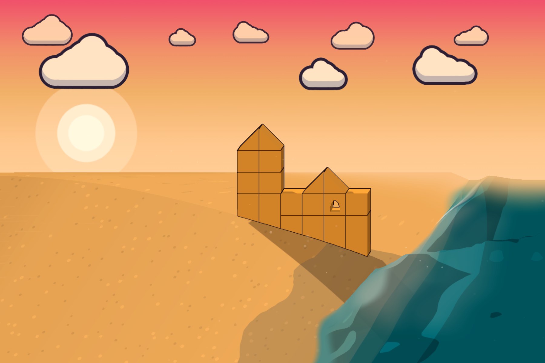 Tideline gameplay: a block sandcastle on a sunset beach as a wave rolls in