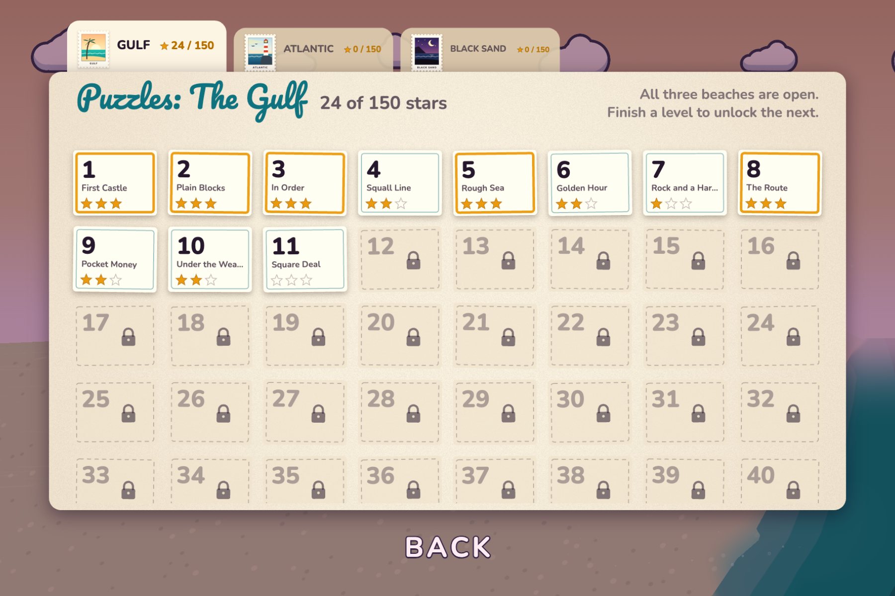Tideline puzzle level select for the Gulf, showing levels with star ratings
