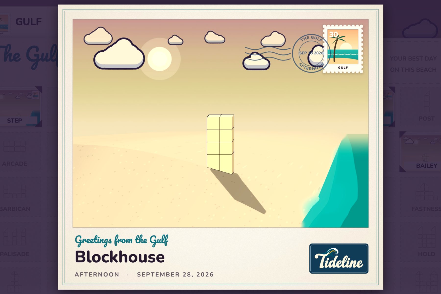 A Tideline postcard of a Blockhouse castle, greetings from the Gulf