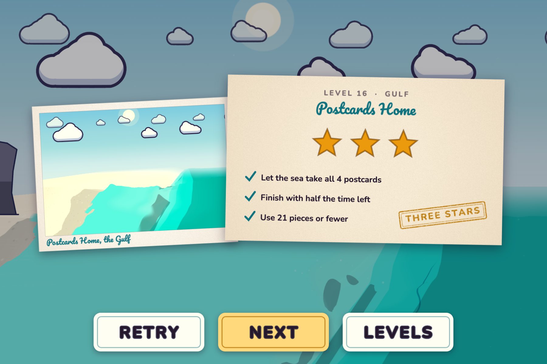 A Tideline puzzle level completed with three stars